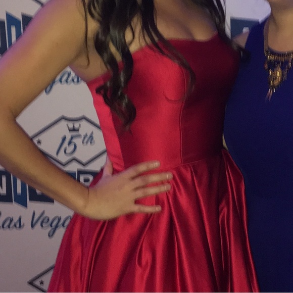 Betsy & Adam Red Strapless Princess Gown - Picture 7 of 13